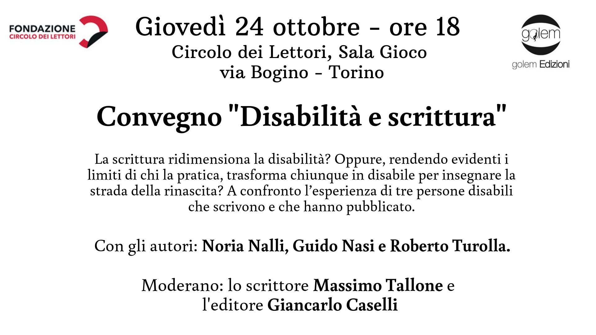 Convegno “Disabilità e scrittura” al Circolo dei Lettori